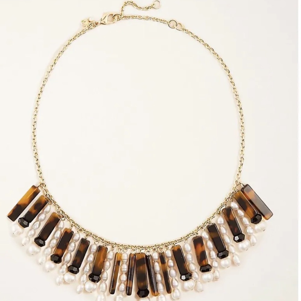 NWT Ann Taylor Pearlized Tortoiseshell Print Fringe Necklace
